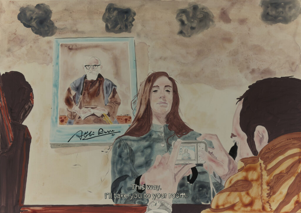 Venez par ici, je vais vous montrer votre chambre, gouache on wood, 2024